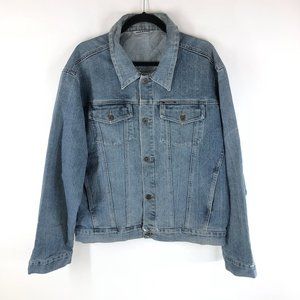 Making Mens Vintage Denim Jacket Distressed Retro Trucker Medium Wash Blue L